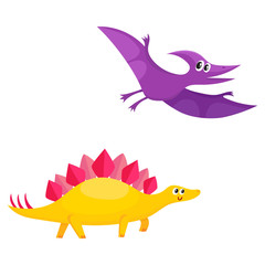 Two funny baby dinosaur characters - stegosaurus and pterodactyloidea, cartoon vector illustration isolated on white background. Happy smiling stegosaurus and pterodactyloidea dinosaur characters