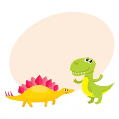Fotobehang Twee schattige en grappige baby dinosaurus tekens - stegosaurus en tyrannosaurus, cartoon vectorillustratie met ruimte voor tekst. Gelukkig lachende stegosaurus en T-rex dinosauruskarakters © sabelskaya