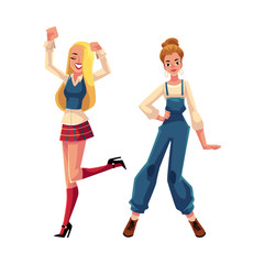 Two girls, women in 1990s, nineties style clothes dancing disco, cartoon vector illustration isolated on white background. Girls, women in 90s style clothing dancing at retro disco party