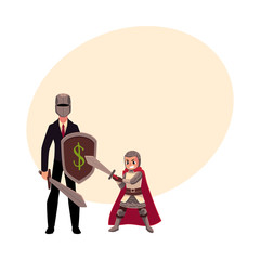 Businessman as knight with helmet, sword, shield, and his armor bearer, squire, cartoon vector illustrationwith space for text. Modern knight in business suit and helmet with armor bearer