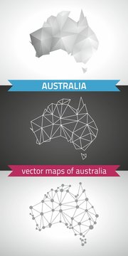 Australia set of grey and silver mosaic 3d polygonal maps. Graphic vector triangle geometry outline shadow perspective maps