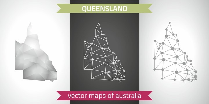 Queensland collection of vector design modern maps, gray and black and silver dot contour mosaic 3d map
