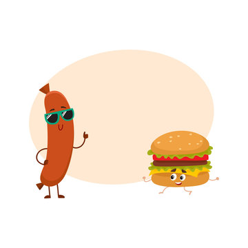 Funny smiling sausage and hamburger characters in sunglasses showing thumb up, fast food concept, cartoon vector illustration with space for text. Sausage and hamburger characters, mascots