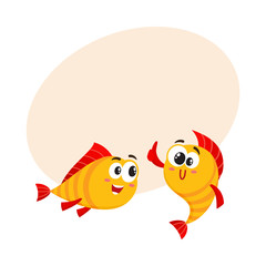 Two funny, smiling golden fish characters, one showing thumb up, another looking with interest, cartoon vector illustration with space for text. Smiling yellow fish characters, mascots
