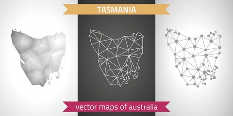 Tasmania  set of grey and silver mosaic 3d polygonal maps. Graphic vector triangle geometry outline shadow perspective maps