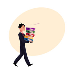 Young businessman overloaded with document folders, stressed out, in rush, cartoon vector illustration with space for text. Young messed up businessman with document folders, feeling stressed