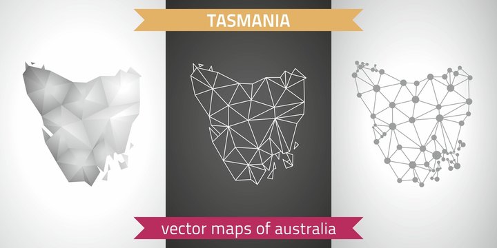 Tasmania  set of grey and silver mosaic 3d polygonal maps. Graphic vector triangle geometry outline shadow perspective maps