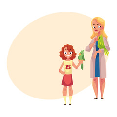 Woman, female veterinarian doctor, vet in white medical coat and little girl holding parrots, cartoon vector illustration with space for text. Veterinarian doctor, vet and girl, pet owner