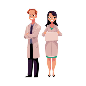 Male and female doctors in white medical coats, man with folded arms, woman holding blank sign, board, cartoon vector illustration isolated on white background. Full length portrait of two doctors