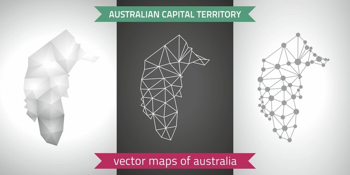 Australian Capital Territory  set of grey and silver mosaic 3d polygonal maps. Graphic vector triangle geometry outline shadow perspective maps