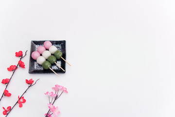 High angle view on Japanese Three Color Dango Dumplings on white background