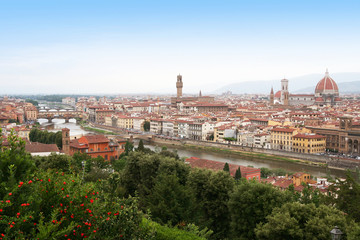 Fototapeta na wymiar Firenze Florence Florenz view from Piazzale Michelangelo over town with Cathedral Ponte Vecchio