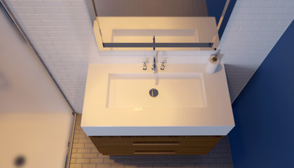 Modern bathroom interior with glass door shower. 3D rendering