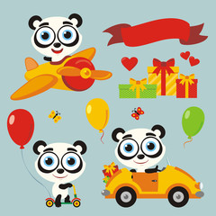 Set isolated funny panda in cartoon style for holiday design. Collection cute panda with balloons and gifts for children holiday and birthday.