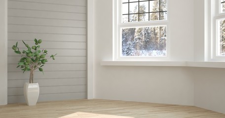 White empty room with winter landscape in window. Scandinavian interior design. 3D illustration