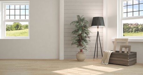 White empty room with green landscape in window. Scandinavian interior design. 3D illustration