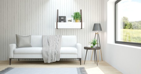 White room with sofa and green landscape in window. Scandinavian interior design. 3D illustration