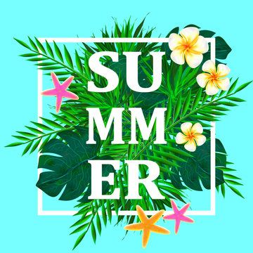 Summer letter with green leaves and tropic flowers. Season sale vector label. Foliage lettering. Floral illustration. Summer time poster. For t-shirt, fashion, prints, banner or packaging design