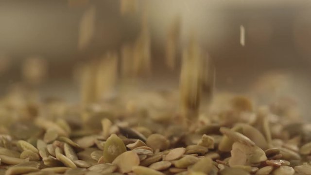 Peeled pumpkin seeds fall on glass RAPID 100fps