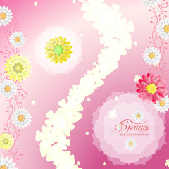 Blooming Spring vector poster on the gradient pink background with floral shape, text, glow leaf silhouettes, flowers and clover leaves.