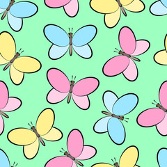 Fototapeta na wymiar Butterflies. Seamless pattern on green background.