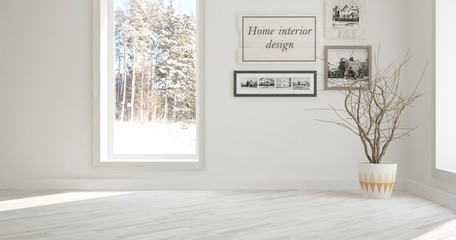 White empty room with winter landscape in window. Scandinavian interior design. 3D illustration