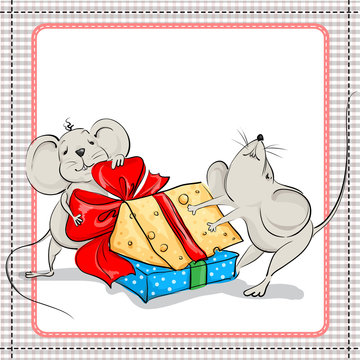 The little mouse with the gift and with a piece of cheese