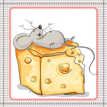 Very happy the mouse lies on a huge piece of cheese