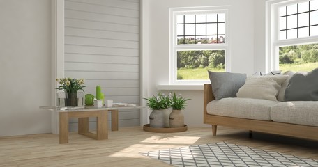 White room with sofa and green landscape in window. Scandinavian interior design. 3D illustration