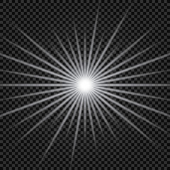 White glowing light burst explosion with transparent. Vector illustration for cool effect decoration with ray sparkles. Bright star. Transparent shine gradient glitter, bright flare. Glare texture.