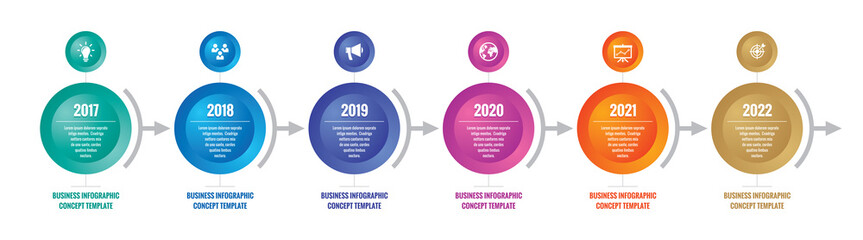 Infographic business vector concept - horizontal timeline template with arrows and icons for presentation, booklet, web and other creative design projects. 