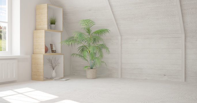 White modern room with shelf. Scandinavian interior design. 3D illustration