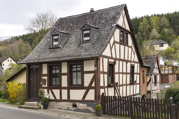 Fototapeta na wymiar Medieval half-timbered houses in the city of Herrstein, Hunsrueck, Germany, Rhineland-Palatinate