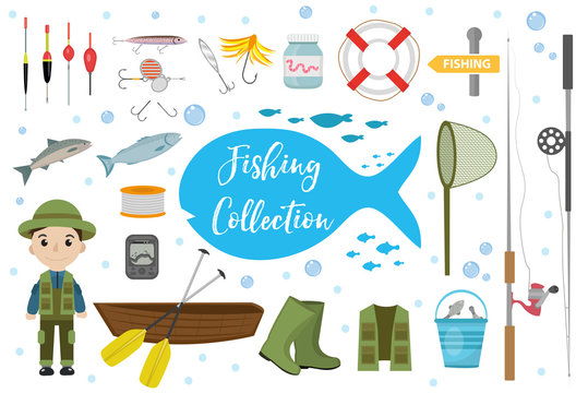 Fishing icon set, flat, cartoon style. Fishery collection objects, design elements, isolated on white background. Fisherman s tools with a fishing rod, tackle, bait, boat. Vector ilustration, clip-art