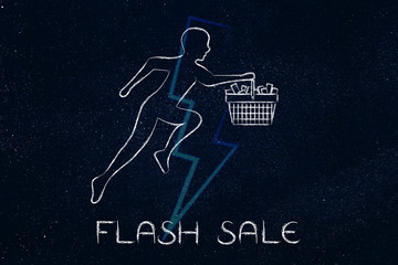 customer running with shopping basket to buy fast, flash sale
