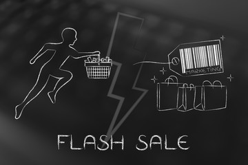 customer running with shopping basket & bags with price tag