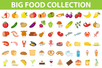 Big set icons food, flat style. Fruits, vegetables, meat, fish, bread, milk, sweets. Meal icon isolated on white background Ingredients collection Vector illustration