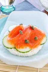 Sandwich without fat, bread, meat. Mixture of Japanese and American sushi burger