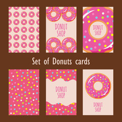 Set of donuts cards. Donuts seamless pattern, background, card, poster. Template for design.

