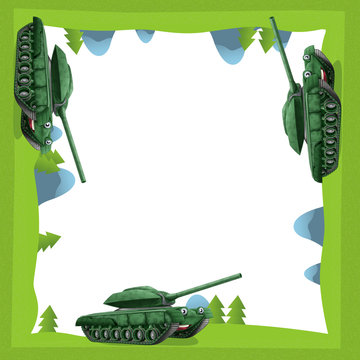 Cartoon Frame Of A Tank In The Forest Off Road With Space For Text