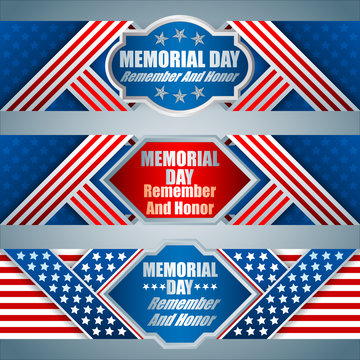 Set of web banners design, background with texts and American flag, for Memorial day event, celebration; Vector celebration