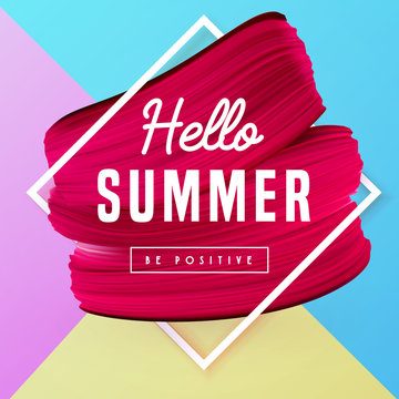Hello Summer holiday vector background with frame. Lipstick mark texture in border. Advertising colorful design. Wallpaper, flyers, invitation, posters, voucher discount.