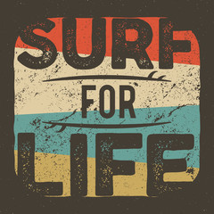 Vintage t-shirt apparel graphic design for surfing company. Retro surf tee design. Use as web banner, poster, advertising or print it. summer surfer design with surfboards. Retro colors - obrazy, fototapety, plakaty