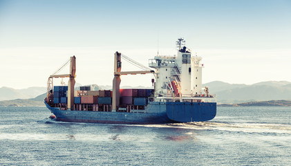 Container ship goes on Norwegian sea, Trondheim