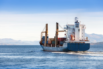 Container ship goes on Norwegian sea, Trondheim
