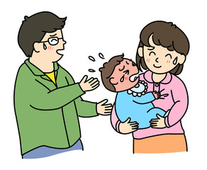 泣く赤ちゃんと両親