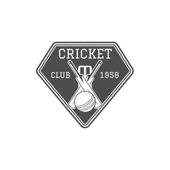 Cricket club emblem and design elements. team logo . stamp. Sports fun symbols with equipment - bats, ball. Use for web , tee or print on t-shirt. Monochrome