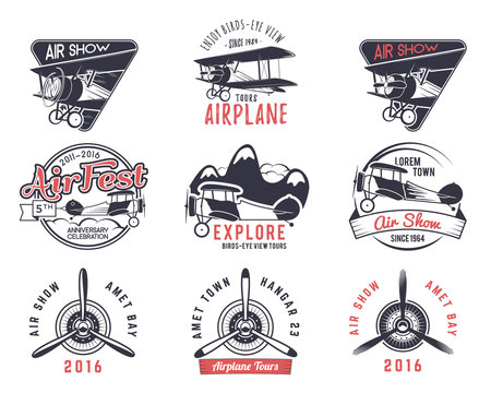  old fly stamps. Travel or business airplane tour emblems. Biplane academy labels. Retro aerial badges isolated. Pilot school logo. Plane tee and t-shirt design for print webdesign. Propeller