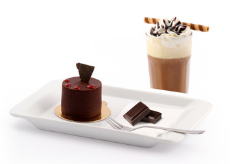 Chocolate cake and iced coffee