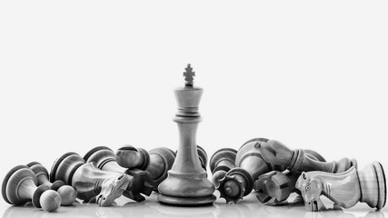 Black and White King and Knight of chess setup on dark background . Leader and teamwork concept for success. Chess concept save the king and save the strategy. - 145110710